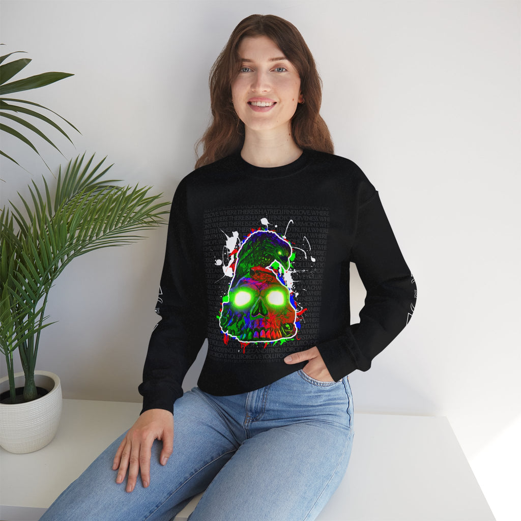 "Poe's Rose" Psychedelic Neon Skull Crewneck Sweatshirt — Trippy Glowing Skull Graphic