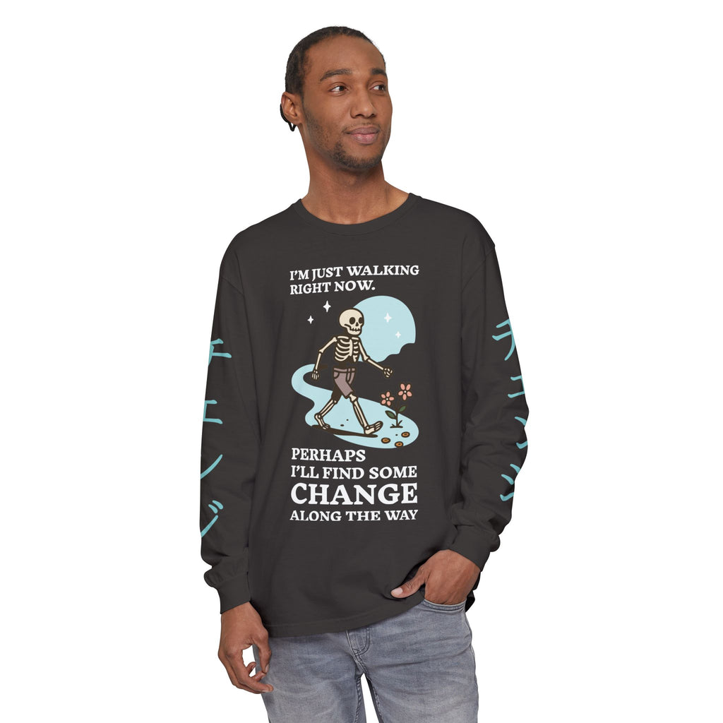 Walking Skeleton Long Sleeve Tee — “I’m Just Walking Right Now” Casual Graphic Shirt — WINTER EDITION