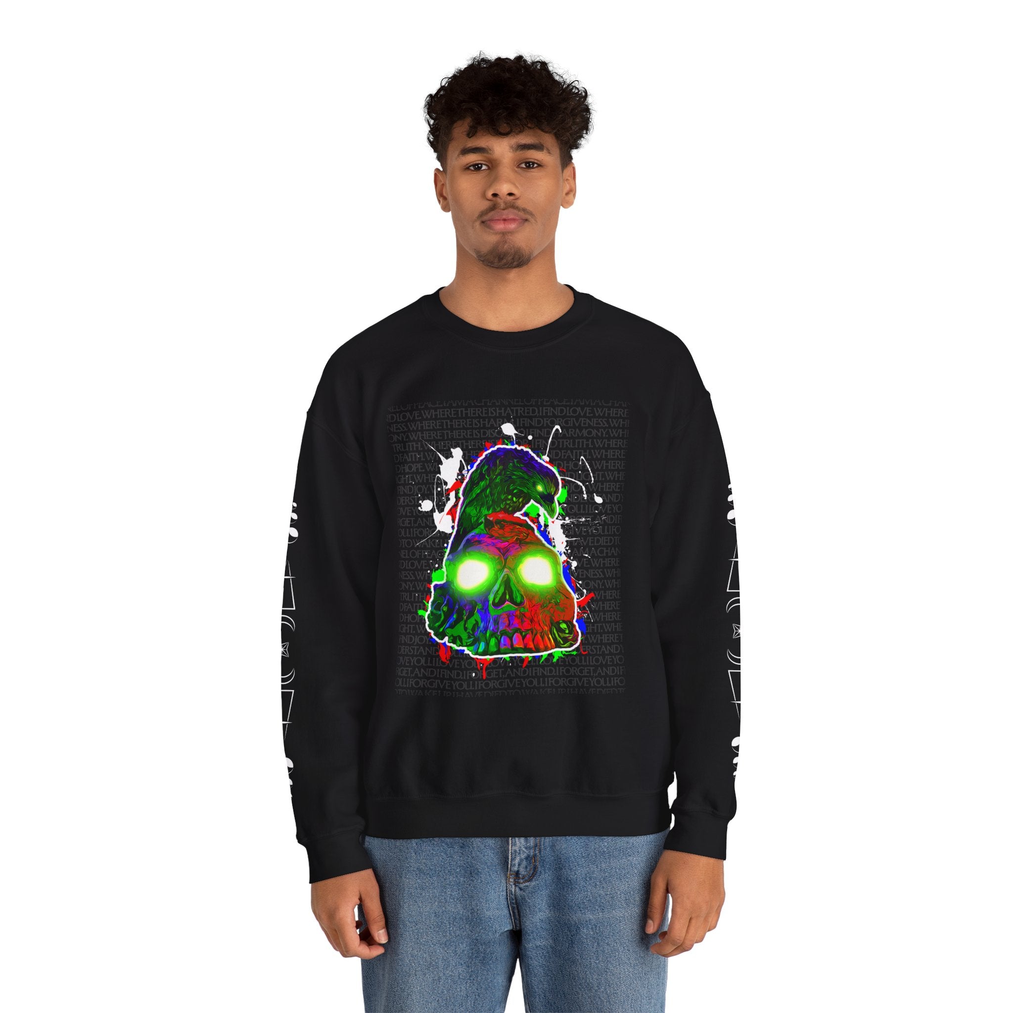 "Poe's Rose" Psychedelic Neon Skull Crewneck Sweatshirt — Trippy Glowing Skull Graphic