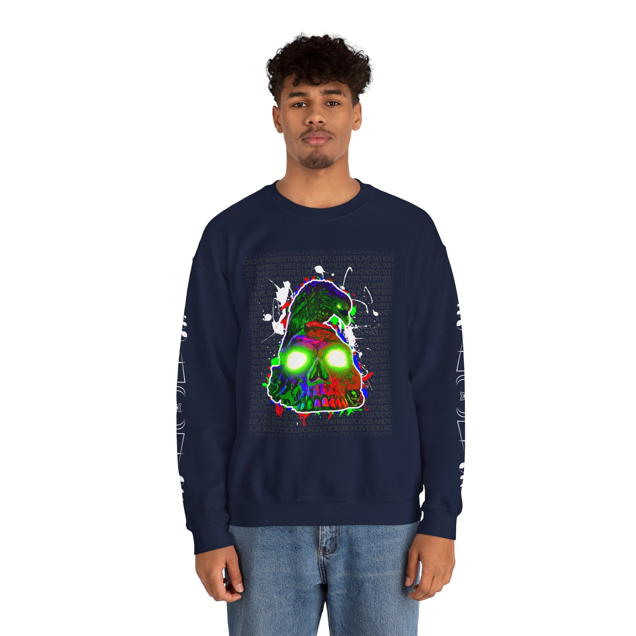 "Poe's Rose" Psychedelic Neon Skull Crewneck Sweatshirt — Trippy Glowing Skull Graphic