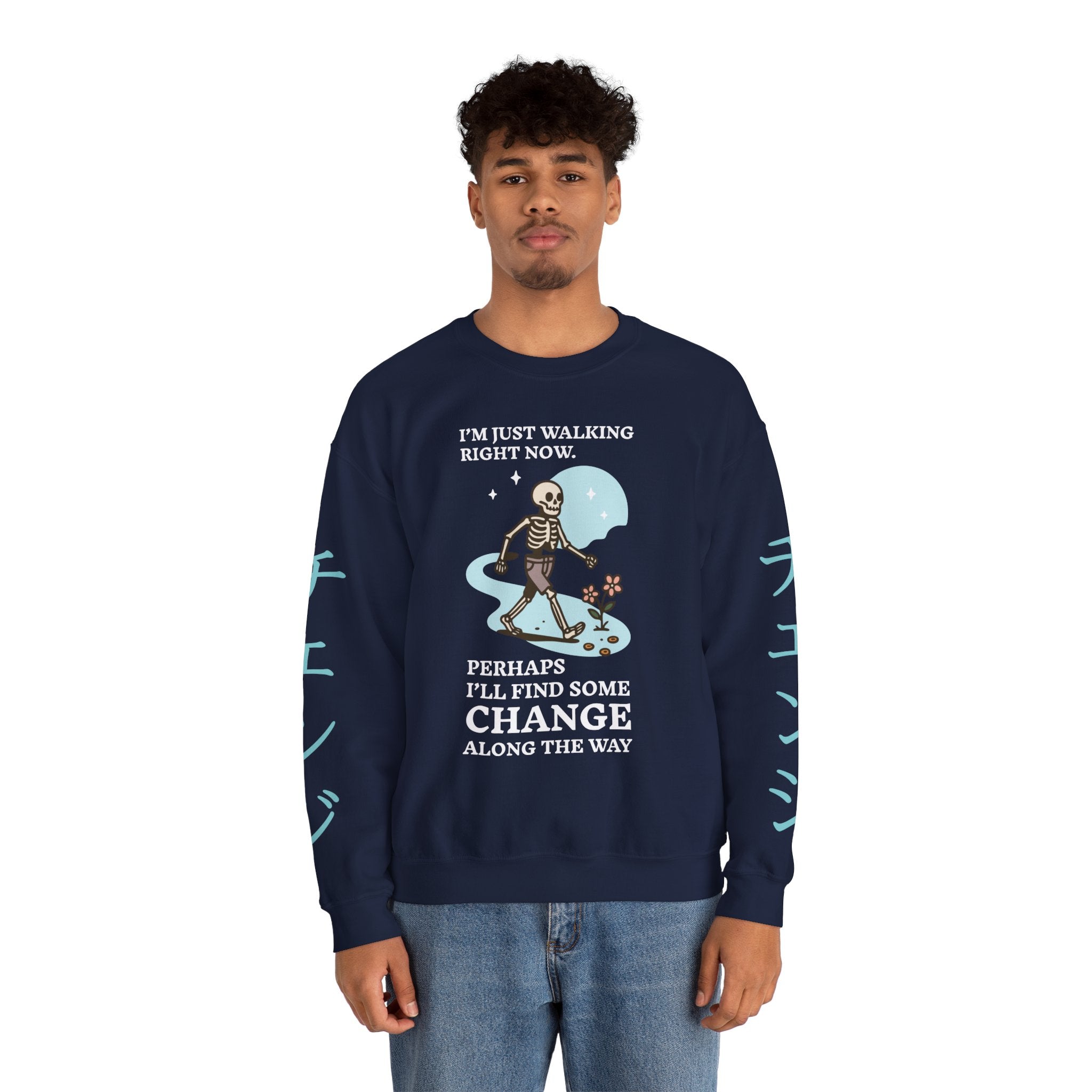 Crewneck Sweatshirt — 'I'm Just Walking Right Now' Skeleton Walking Graphic