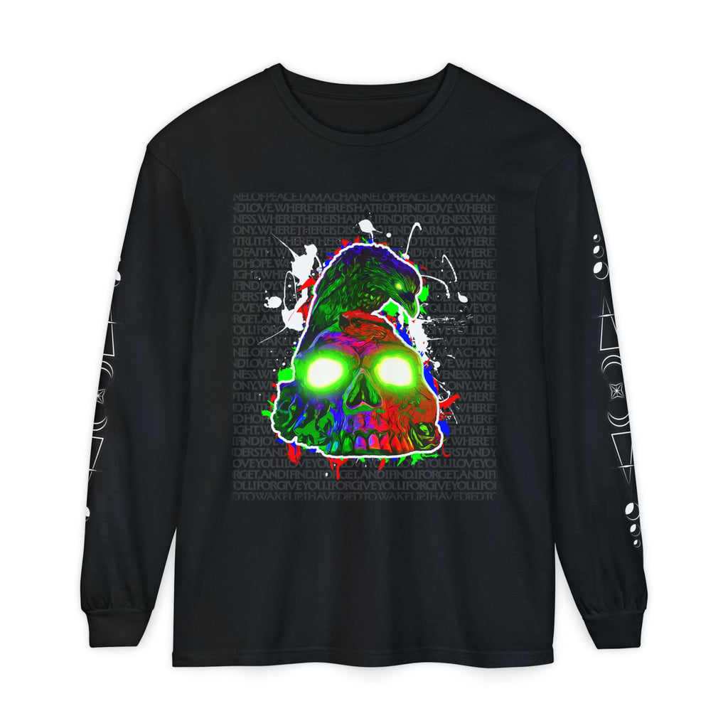 "Poe's Rose" Neon Skull Long Sleeve Tee — Glowing Grunge Graphic Shirt