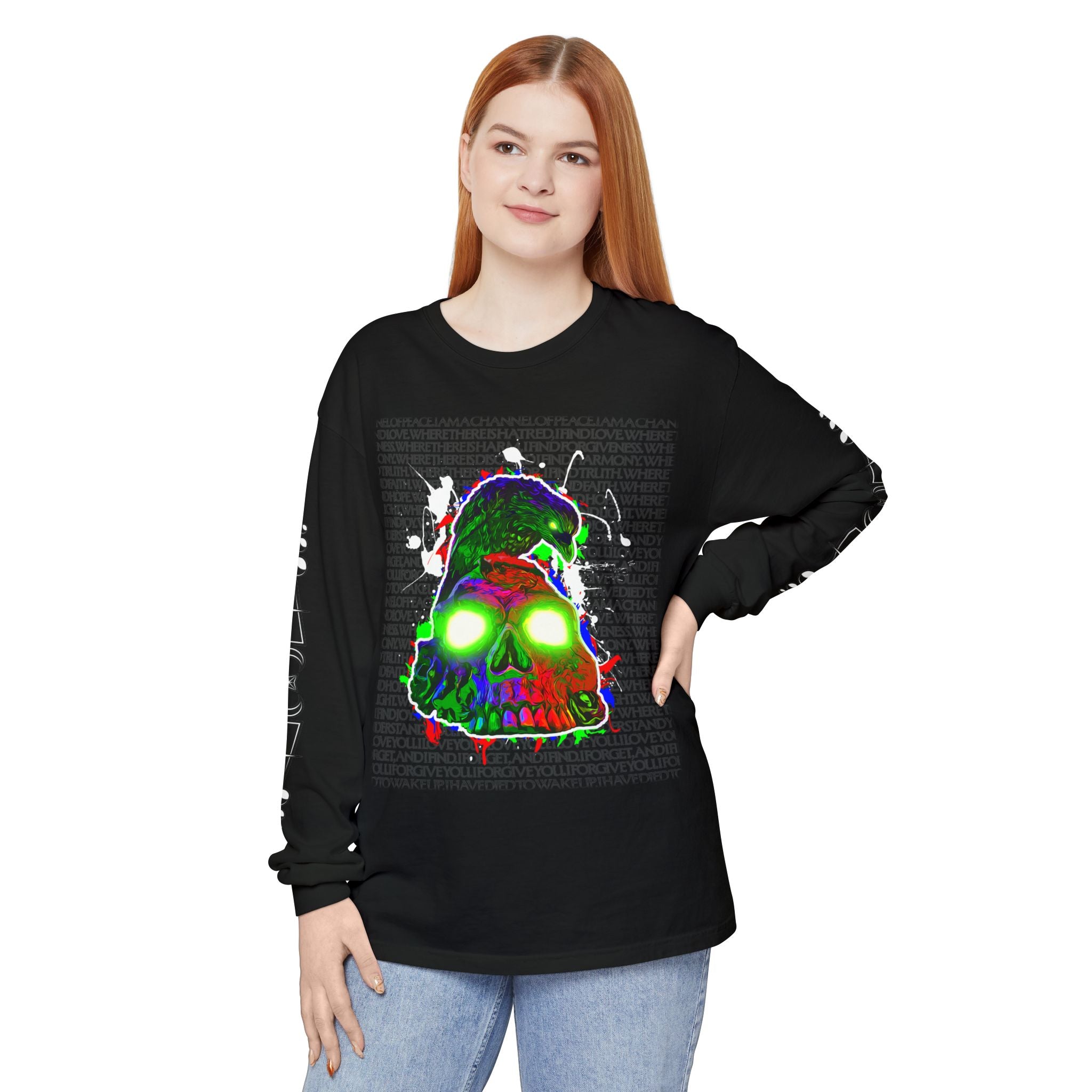 "Poe's Rose" Neon Skull Long Sleeve Tee — Glowing Grunge Graphic Shirt