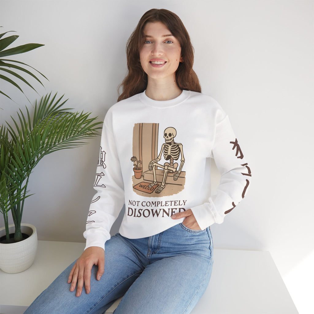 Crewneck Sweatshirt — 'Not Completely Disowned' Skeleton Illustration