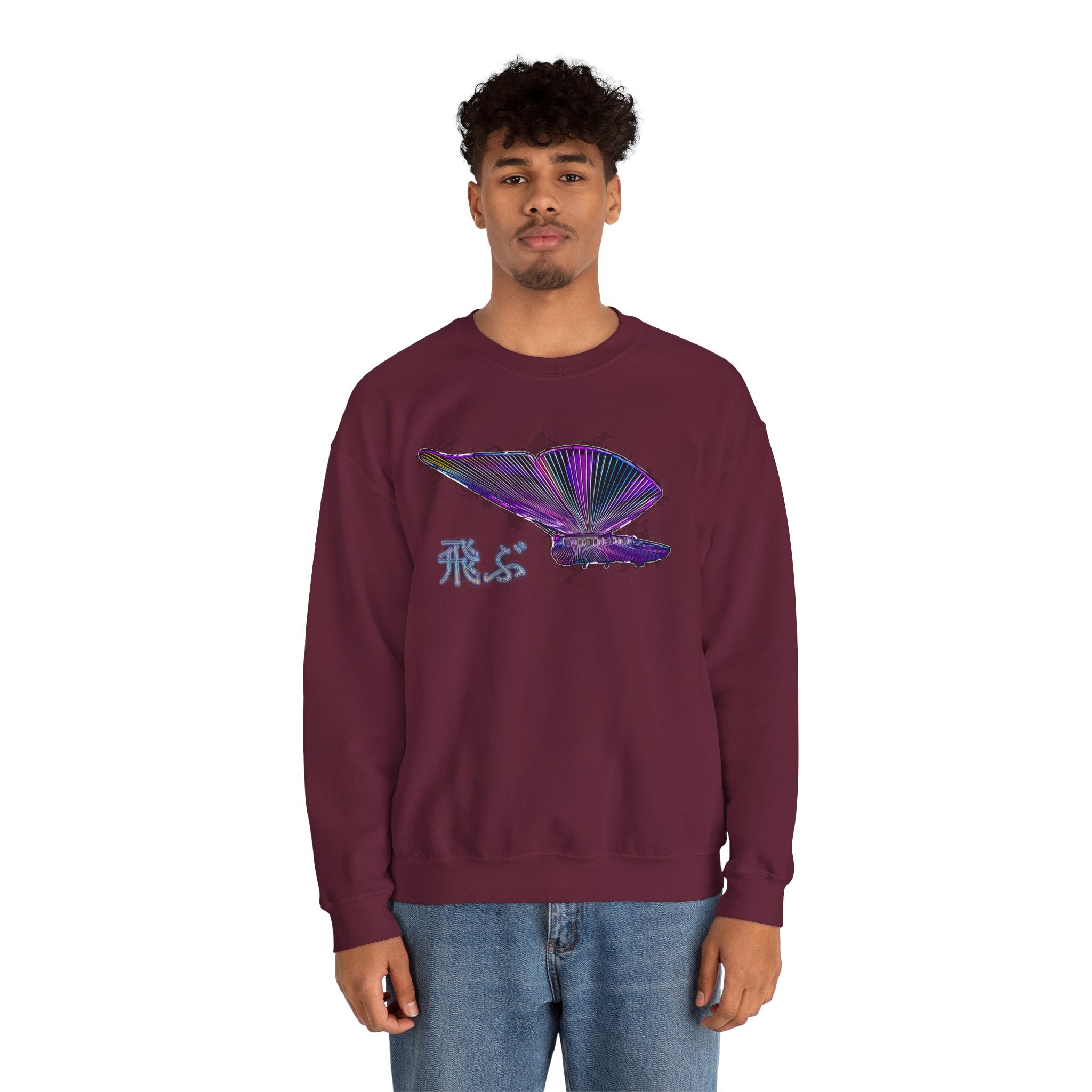 Crewneck Sweatshirt — Iridescent Butterfly Design with Japanese "飛ぶ" Accent