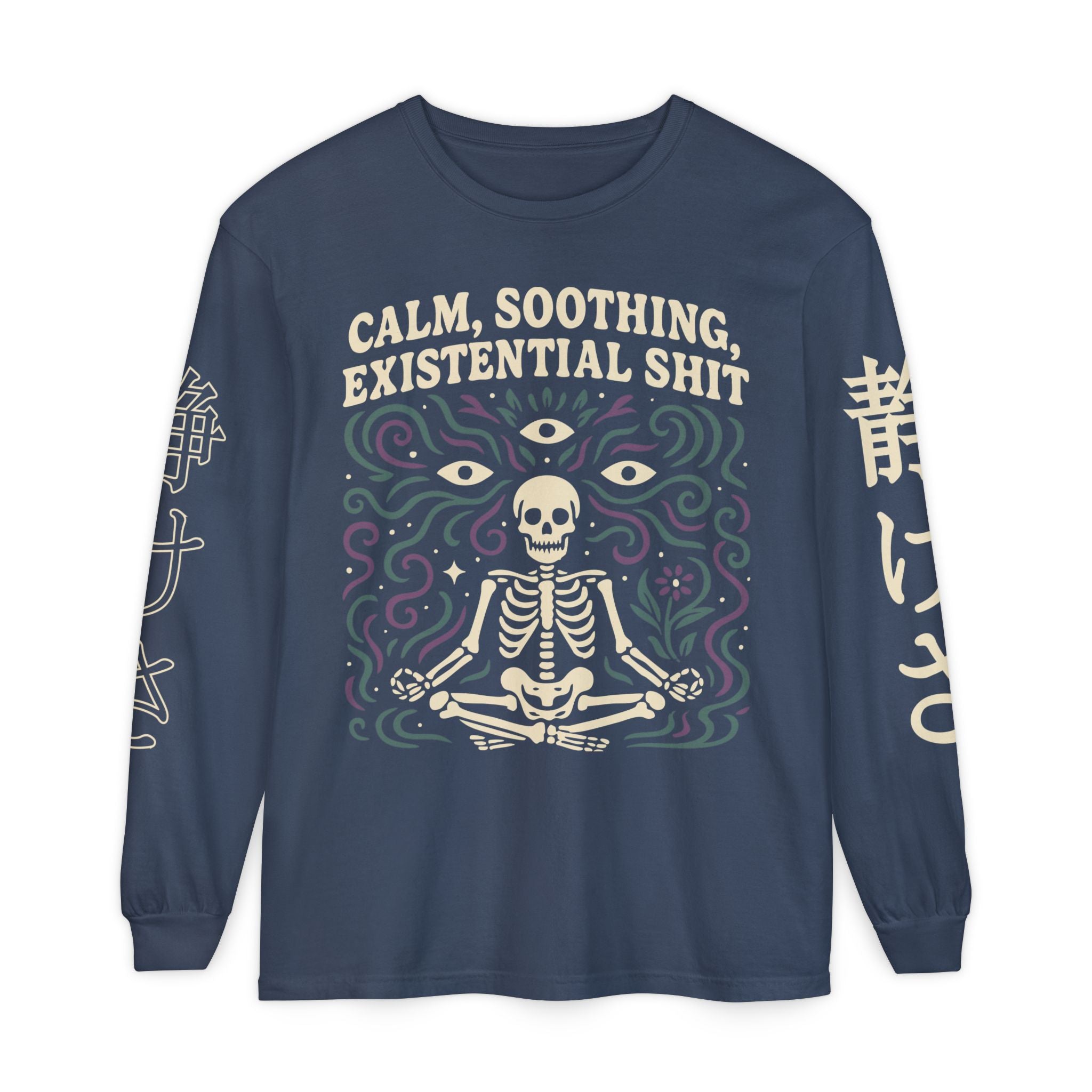 Calm, Soothing, Existential Long Sleeve Tee — Meditating Skeleton Graphic Shirt