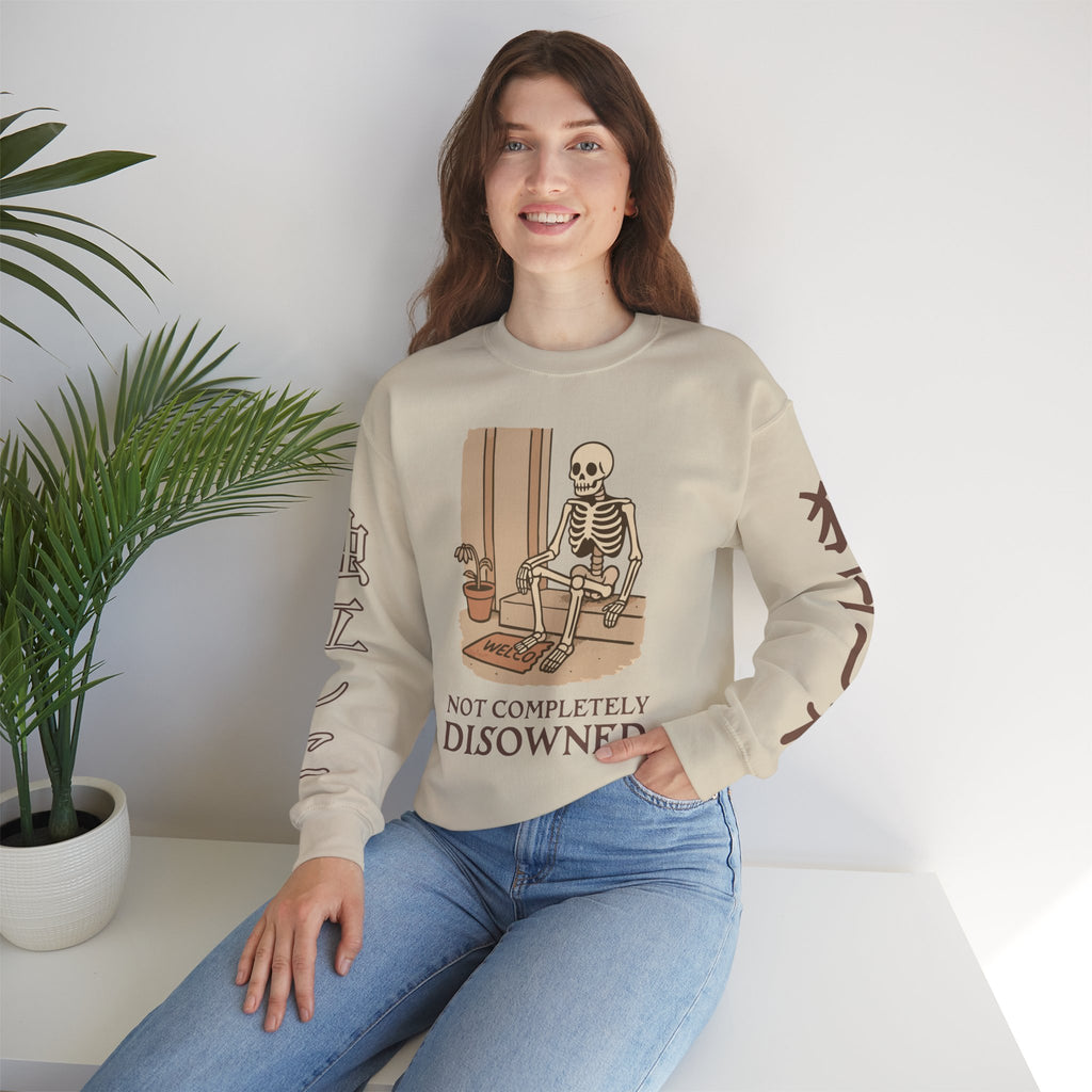 Crewneck Sweatshirt — 'Not Completely Disowned' Skeleton Illustration