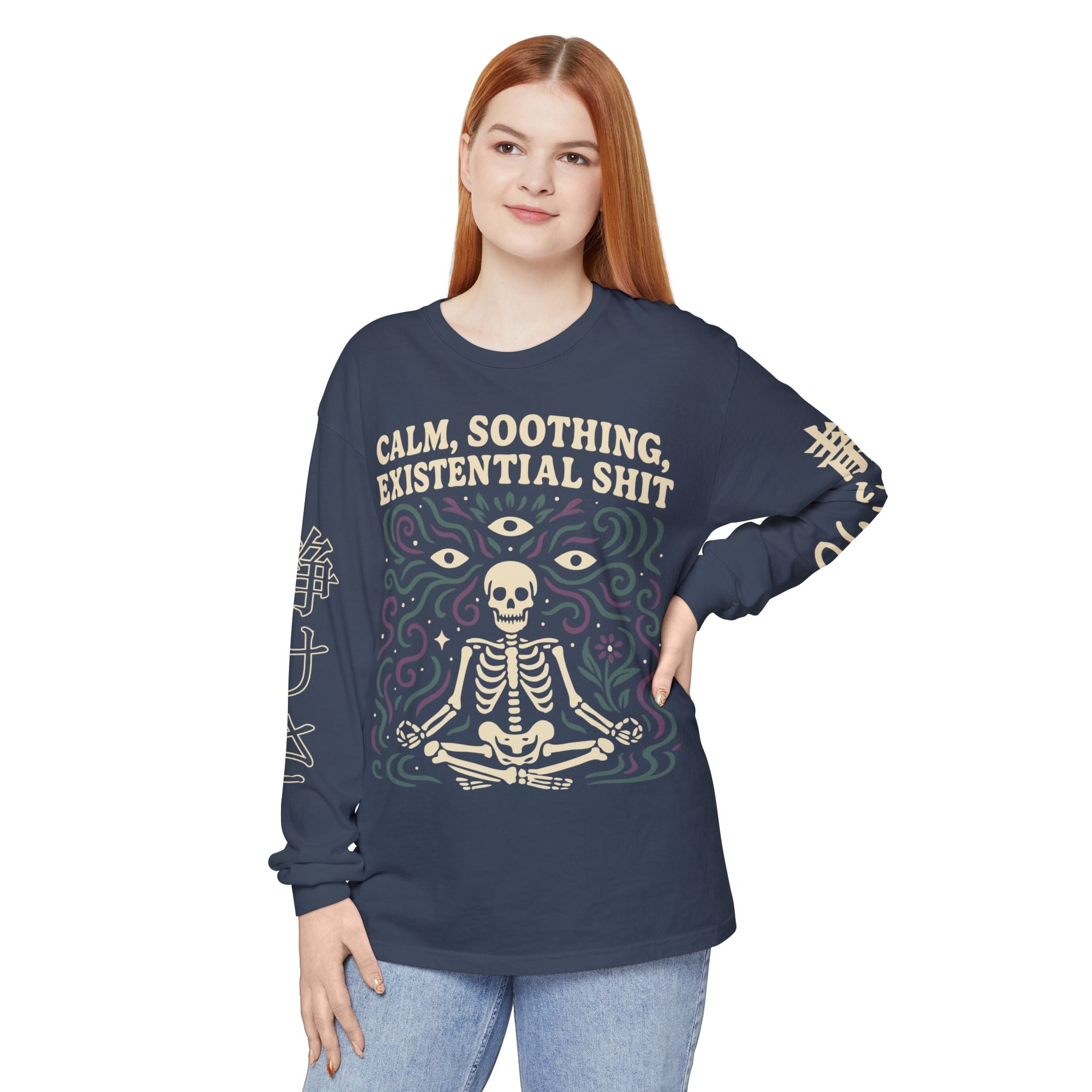 Calm, Soothing, Existential Long Sleeve Tee — Meditating Skeleton Graphic Shirt