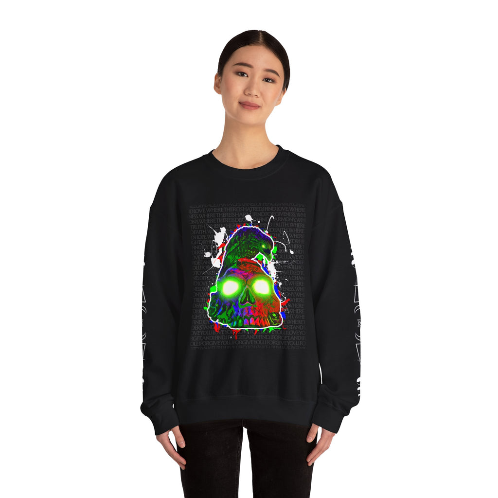 "Poe's Rose" Psychedelic Neon Skull Crewneck Sweatshirt — Trippy Glowing Skull Graphic