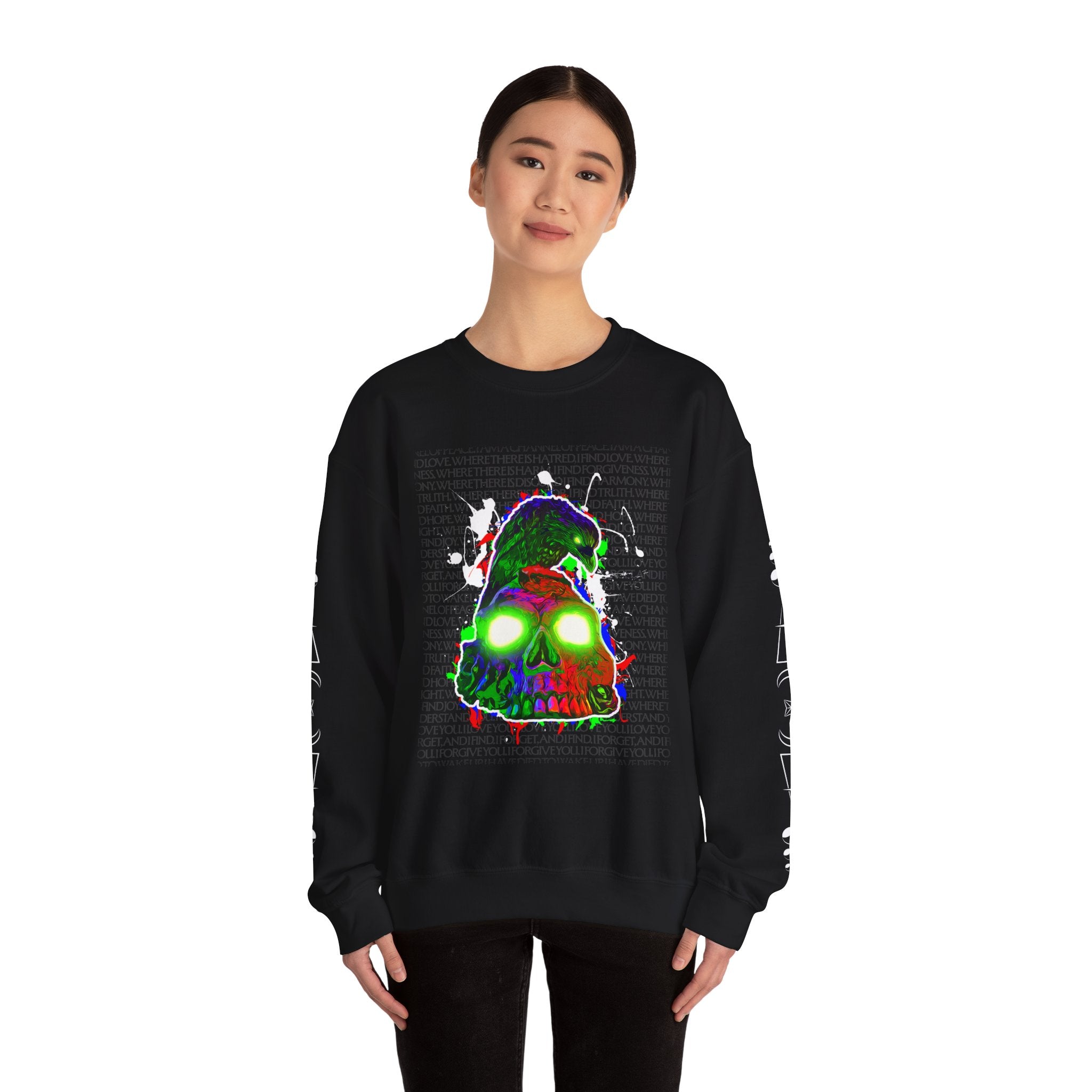 "Poe's Rose" Psychedelic Neon Skull Crewneck Sweatshirt — Trippy Glowing Skull Graphic