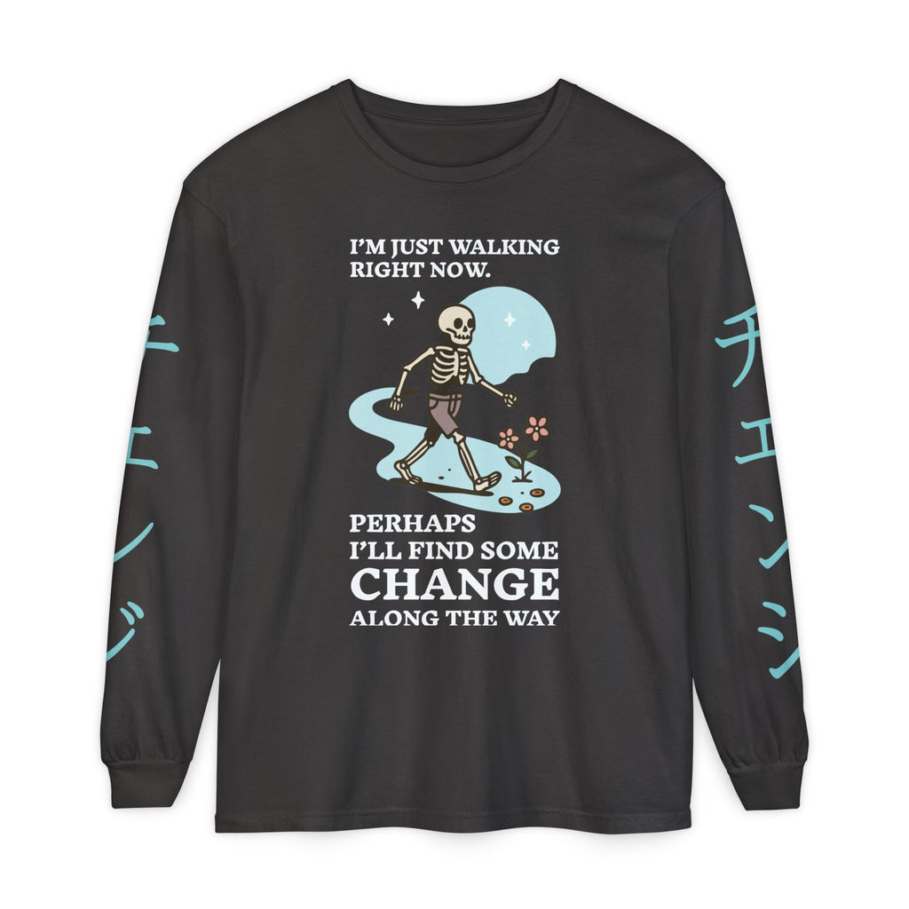 Walking Skeleton Long Sleeve Tee — “I’m Just Walking Right Now” Casual Graphic Shirt — WINTER EDITION