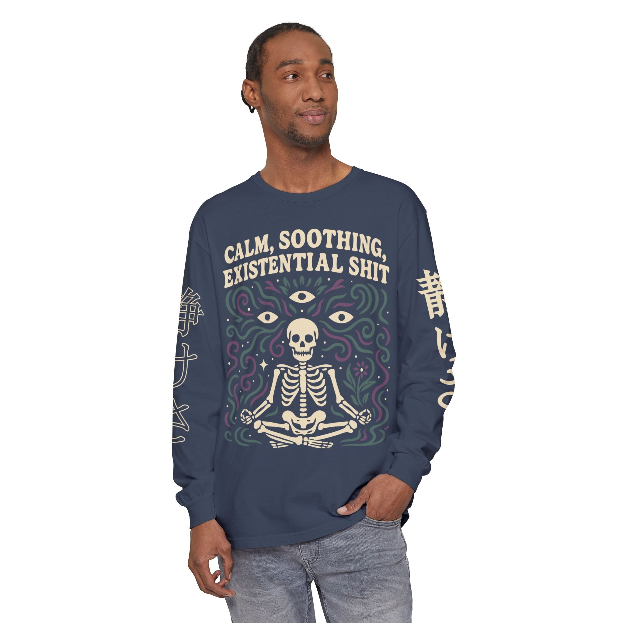 Calm, Soothing, Existential Long Sleeve Tee — Meditating Skeleton Graphic Shirt