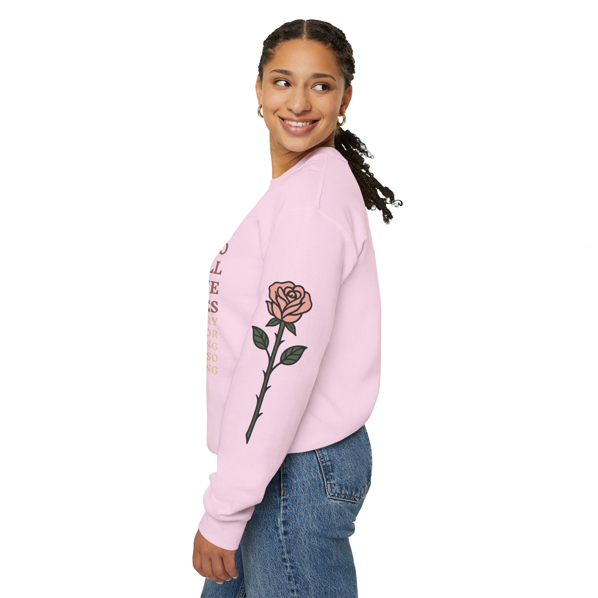 Skeleton & Roses Crewneck Sweatshirt — "Sorry I Stopped to Smell the Roses" Graphic